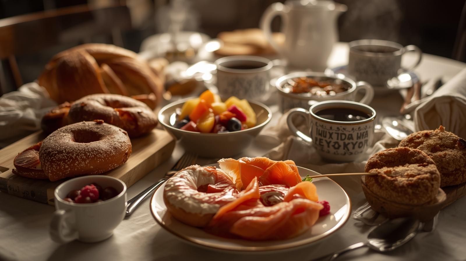 A brunch spread featuring bagels with lox and cream cheese, fruit, pastries, and coffee. Associated with Yom Kippur breakfast.