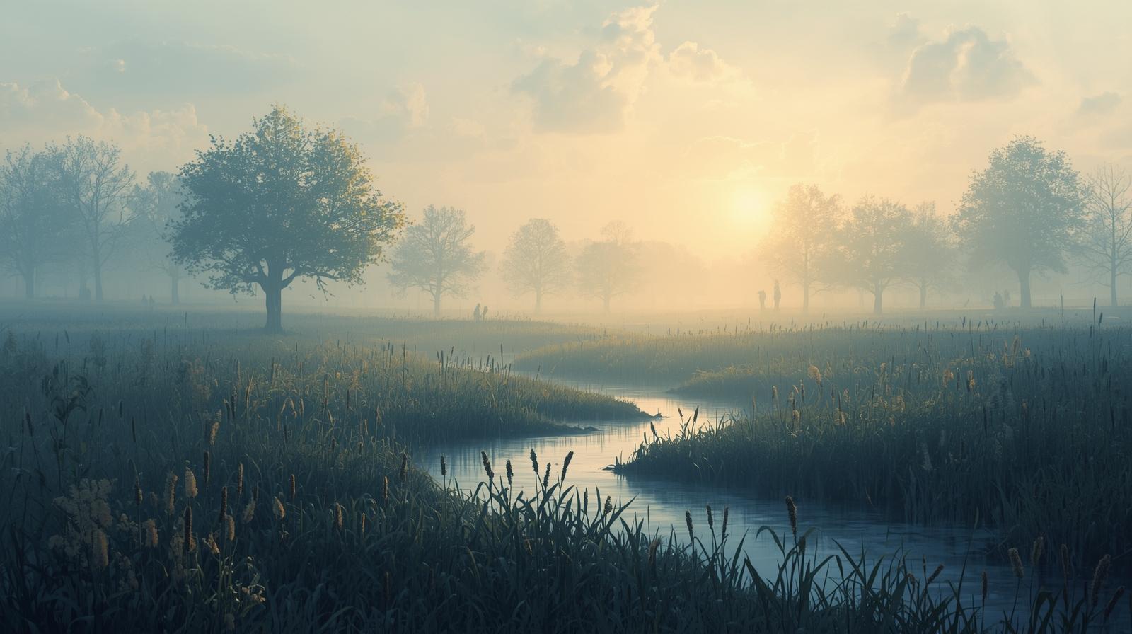 A misty sunrise or sunset scene with a serene river, trees, and grassland.