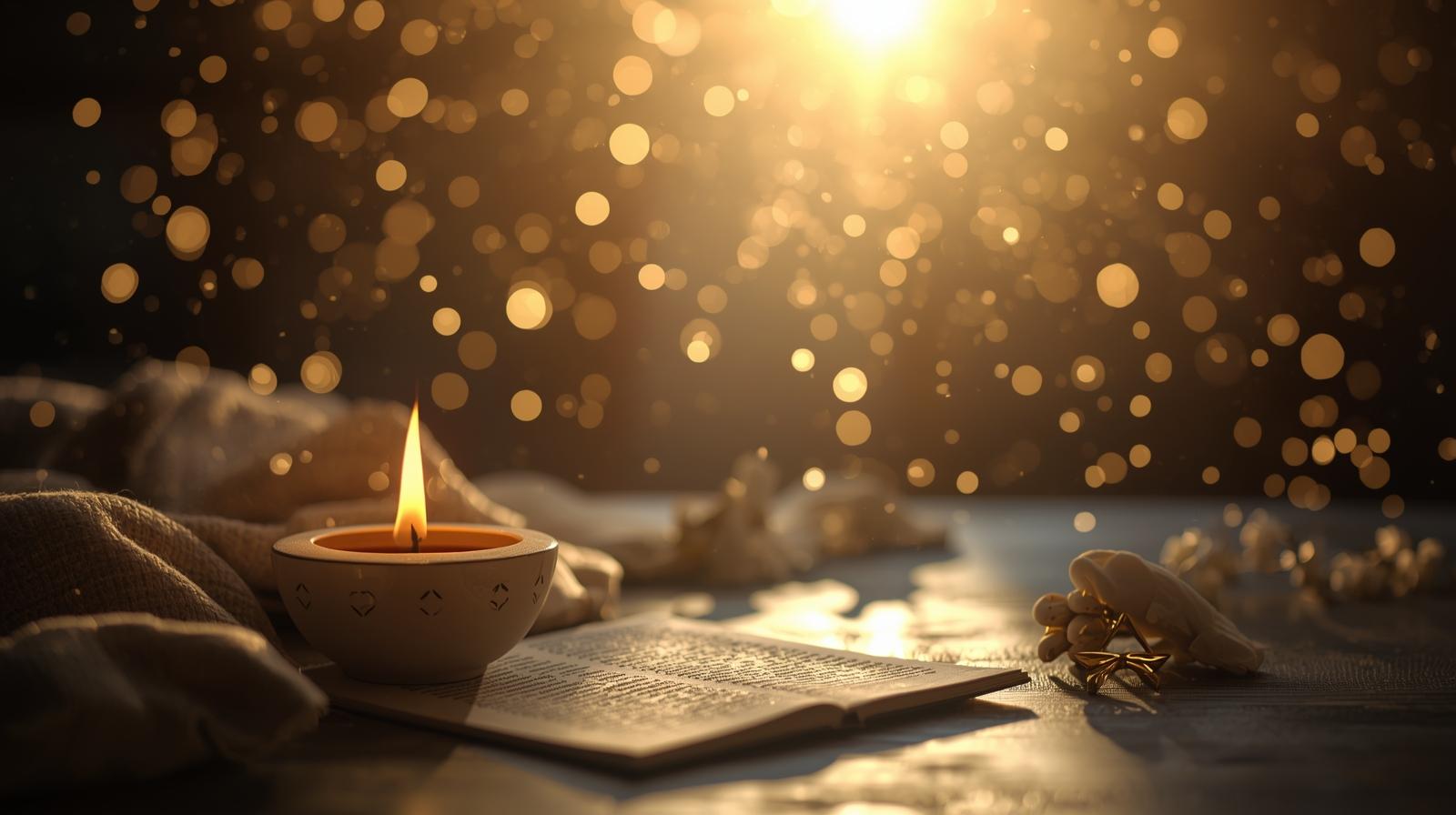 A lit candle, open book, and soft lighting evoke a peaceful, meditative atmosphere.