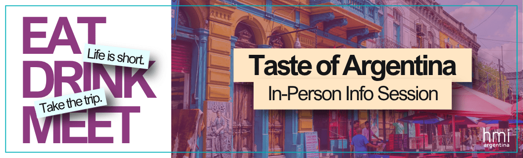 Promotional material for a "Taste of Argentina" info session, featuring colorful street art and encouraging a trip to Argentina.